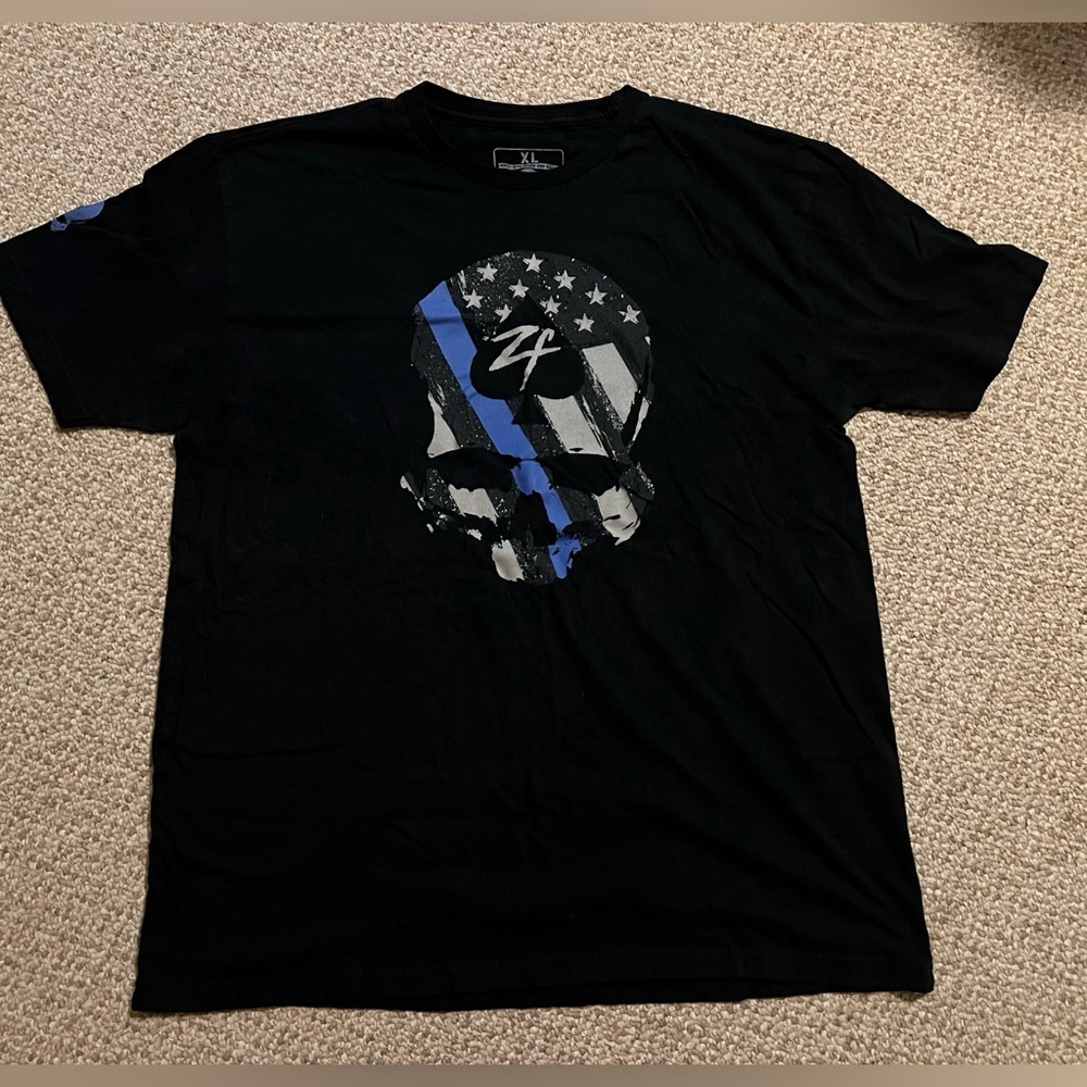 Black Graphic Tee with Blue and White Skull Design